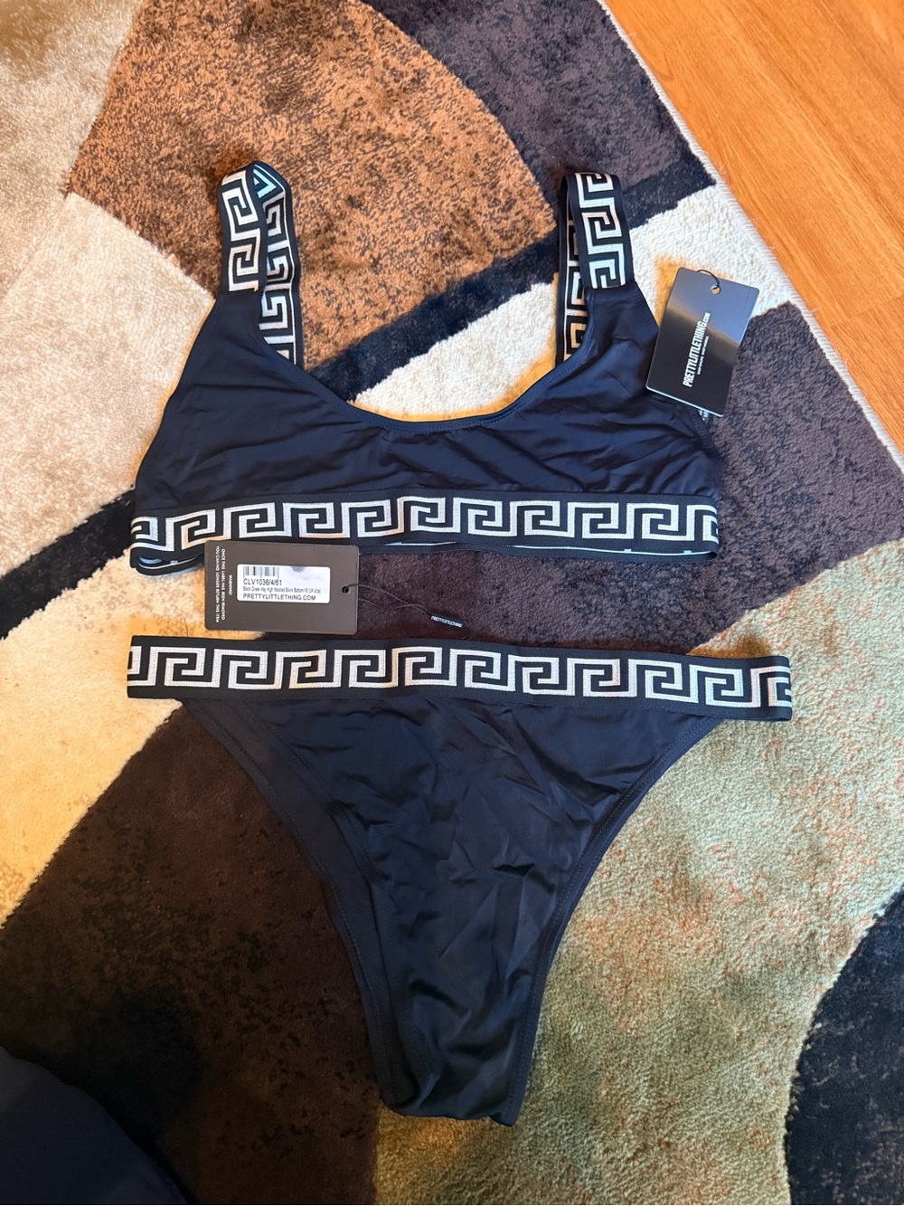 PrettyLittleThing Black Bikini Set with White Greek Key Trim